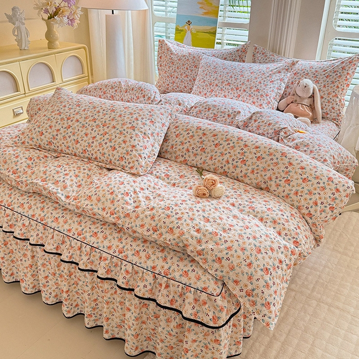 91家纺网 家纺一手货源 找家纺 优家居 2026新款A类水洗棉床裙四件套皱皱纱韩版公主风花边床罩直播爆款外贸定制 陌上花开