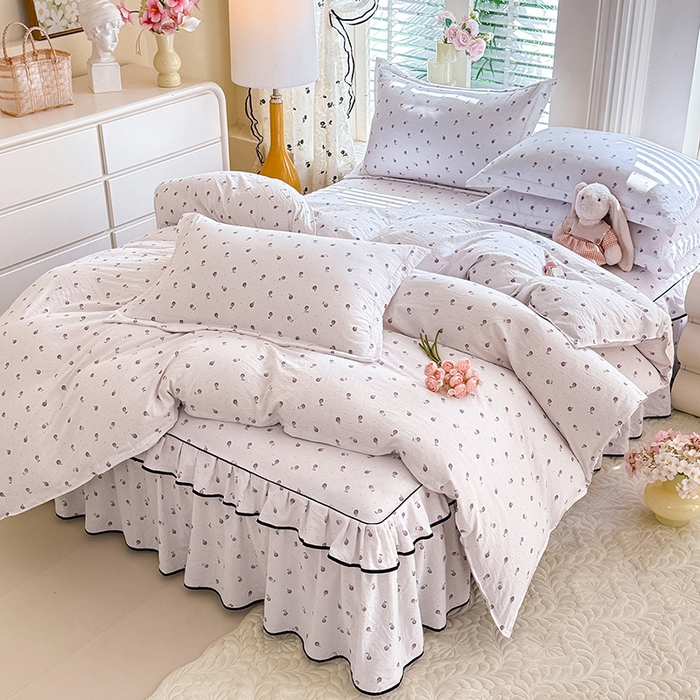 优家居 2026新款A类水洗棉床裙四件套皱皱纱韩版公主风花边床罩直播爆款外贸定制 一口葡萄