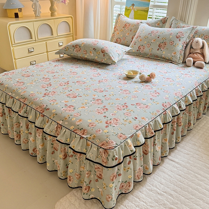 91家纺网 家纺一手货源 找家纺 优家居 2026新款A类水洗棉床裙四件套皱皱纱韩版公主风花边床罩直播爆款外贸定制 花花田园