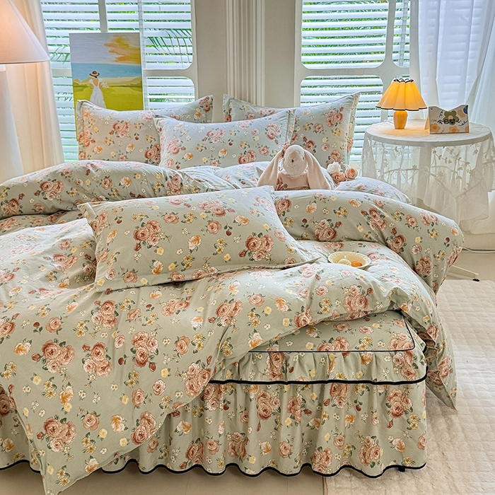 91家纺网 家纺一手货源 找家纺 优家居 2026新款A类水洗棉床裙四件套皱皱纱韩版公主风花边床罩直播爆款外贸定制 花花田园