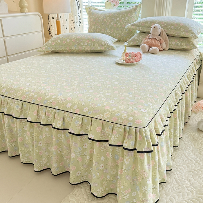 91家纺网 家纺一手货源 找家纺 优家居 2026新款A类水洗棉床裙四件套皱皱纱韩版公主风花边床罩直播爆款外贸定制 木槿花