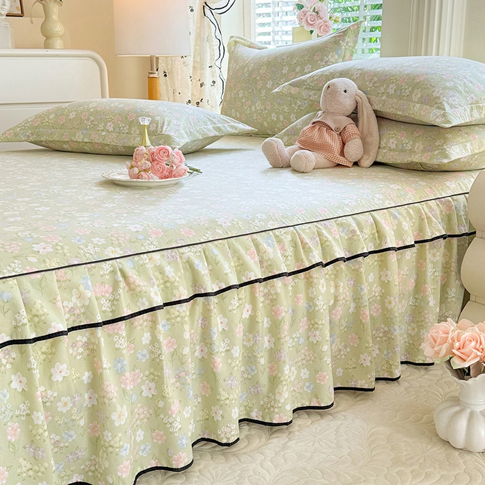 91家纺网 家纺一手货源 找家纺 优家居 2026新款A类水洗棉床裙四件套皱皱纱韩版公主风花边床罩直播爆款外贸定制 木槿花