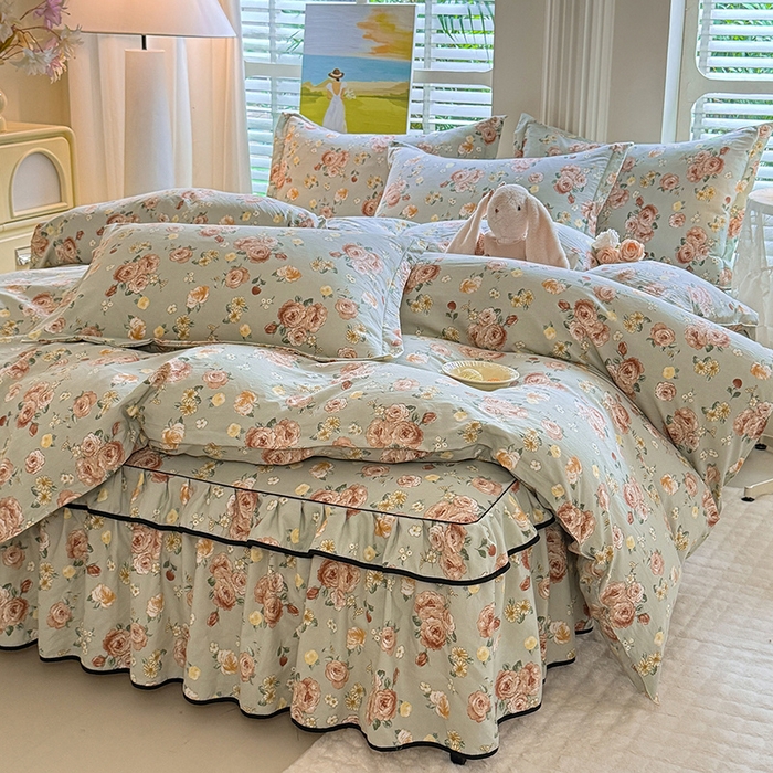 91家纺网 家纺一手货源 找家纺 优家居 2026新款A类水洗棉床裙四件套皱皱纱韩版公主风花边床罩直播爆款外贸定制 花花田园