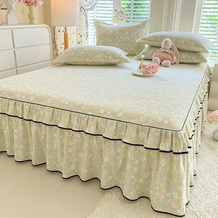 91家纺网 家纺一手货源 找家纺 优家居 2026新款A类水洗棉床裙四件套皱皱纱韩版公主风花边床罩直播爆款外贸定制 木槿花