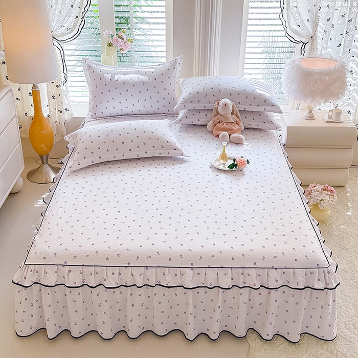 91家纺网 家纺一手货源 找家纺 优家居 2026新款A类水洗棉床裙四件套皱皱纱韩版公主风花边床罩直播爆款外贸定制 一口葡萄