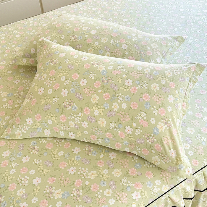 91家纺网 家纺一手货源 找家纺 优家居 2026新款A类水洗棉床裙四件套皱皱纱韩版公主风花边床罩直播爆款外贸定制 木槿花