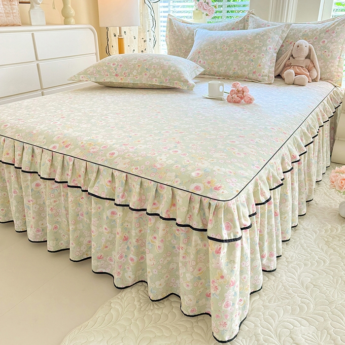 91家纺网 家纺一手货源 找家纺 优家居 2026新款A类水洗棉床裙四件套皱皱纱韩版公主风花边床罩直播爆款外贸定制 海棠花颂