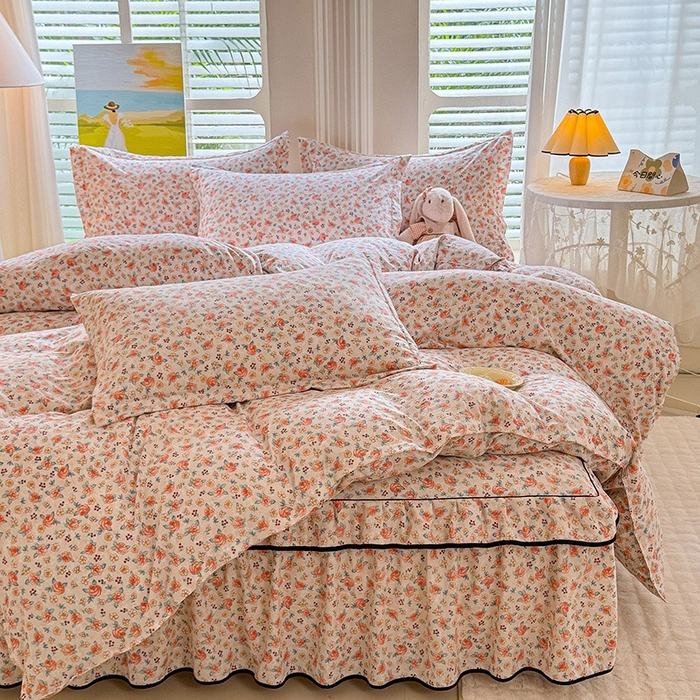 91家纺网 家纺一手货源 找家纺 优家居 2026新款A类水洗棉床裙四件套皱皱纱韩版公主风花边床罩直播爆款外贸定制 陌上花开