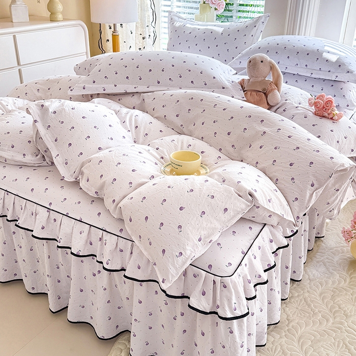 91家纺网 家纺一手货源 找家纺 优家居 2026新款A类水洗棉床裙四件套皱皱纱韩版公主风花边床罩直播爆款外贸定制 一口葡萄