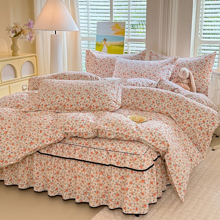 91家纺网 家纺一手货源 找家纺 优家居 2026新款A类水洗棉床裙四件套皱皱纱韩版公主风花边床罩直播爆款外贸定制 陌上花开