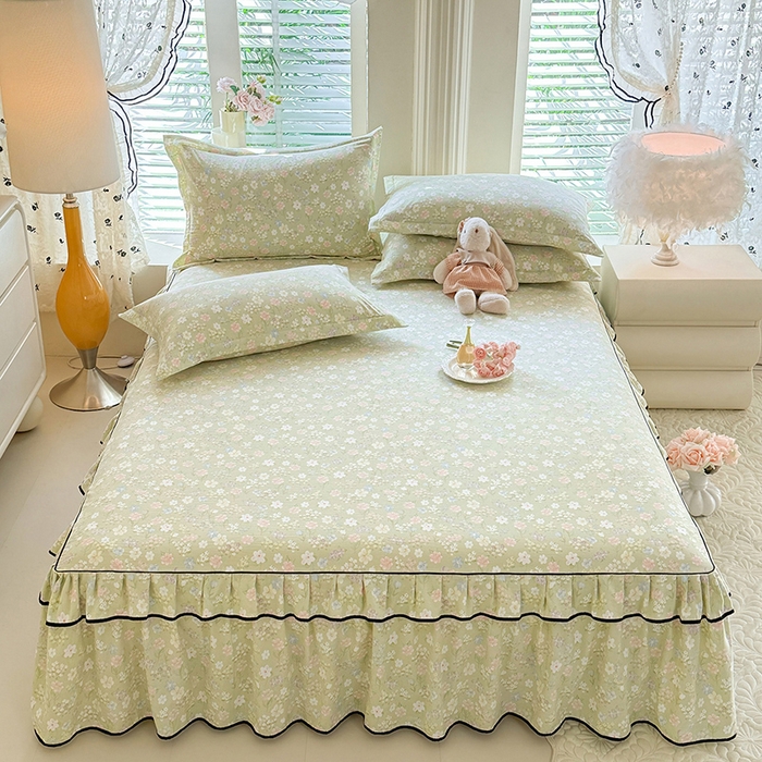 91家纺网 家纺一手货源 找家纺 优家居 2026新款A类水洗棉床裙四件套皱皱纱韩版公主风花边床罩直播爆款外贸定制 木槿花