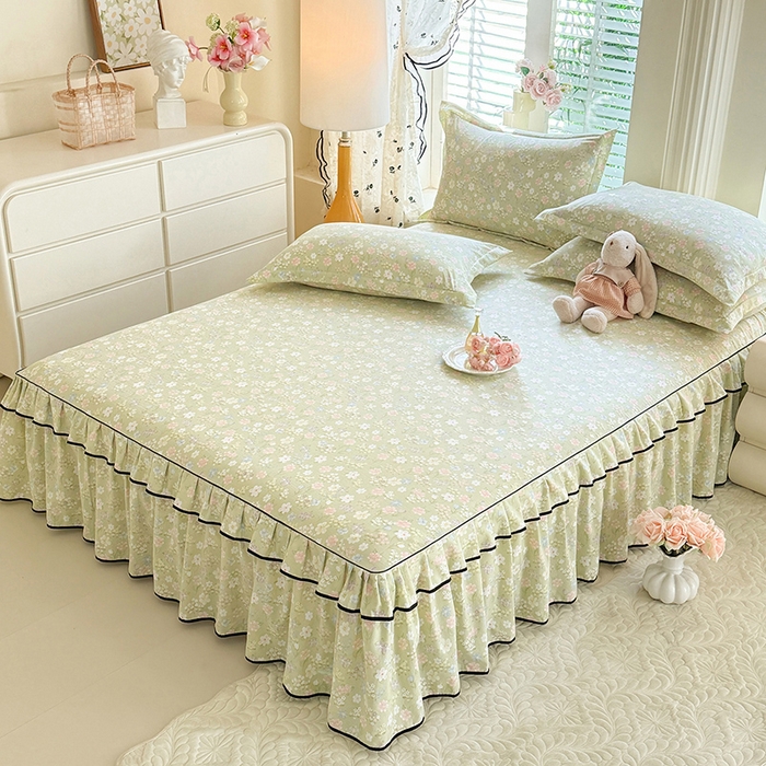 91家纺网 家纺一手货源 找家纺 优家居 2026新款A类水洗棉床裙四件套皱皱纱韩版公主风花边床罩直播爆款外贸定制 木槿花