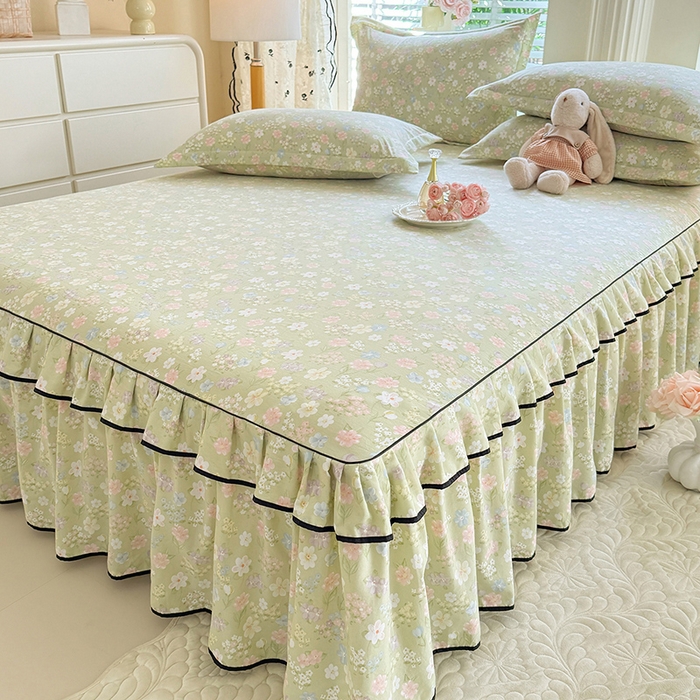 91家纺网 家纺一手货源 找家纺 优家居 2026新款A类水洗棉床裙四件套皱皱纱韩版公主风花边床罩直播爆款外贸定制 木槿花