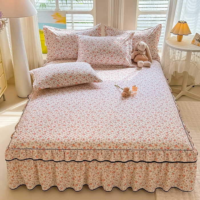 91家纺网 家纺一手货源 找家纺 优家居 2026新款A类水洗棉床裙四件套皱皱纱韩版公主风花边床罩直播爆款外贸定制 陌上花开