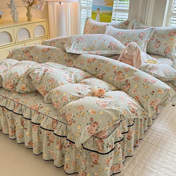 91家纺网 家纺一手货源 找家纺 优家居 2026新款A类水洗棉床裙四件套皱皱纱韩版公主风花边床罩直播爆款外贸定制 花花田园