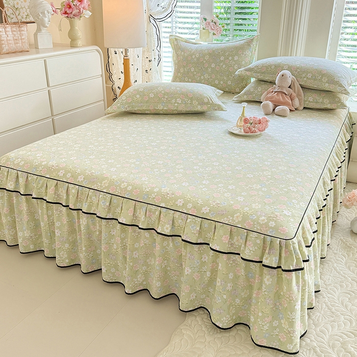 91家纺网 家纺一手货源 找家纺 优家居 2026新款A类水洗棉床裙四件套皱皱纱韩版公主风花边床罩直播爆款外贸定制 木槿花