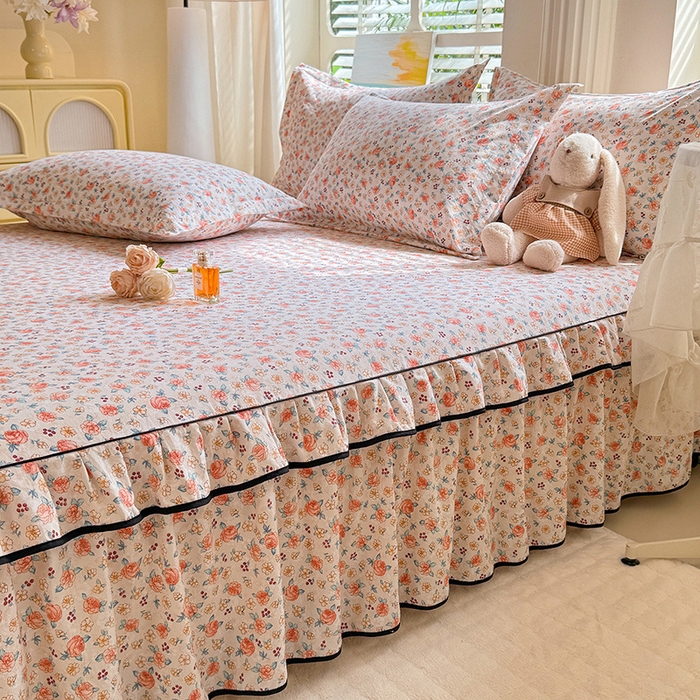 91家纺网 家纺一手货源 找家纺 优家居 2026新款A类水洗棉床裙四件套皱皱纱韩版公主风花边床罩直播爆款外贸定制 陌上花开