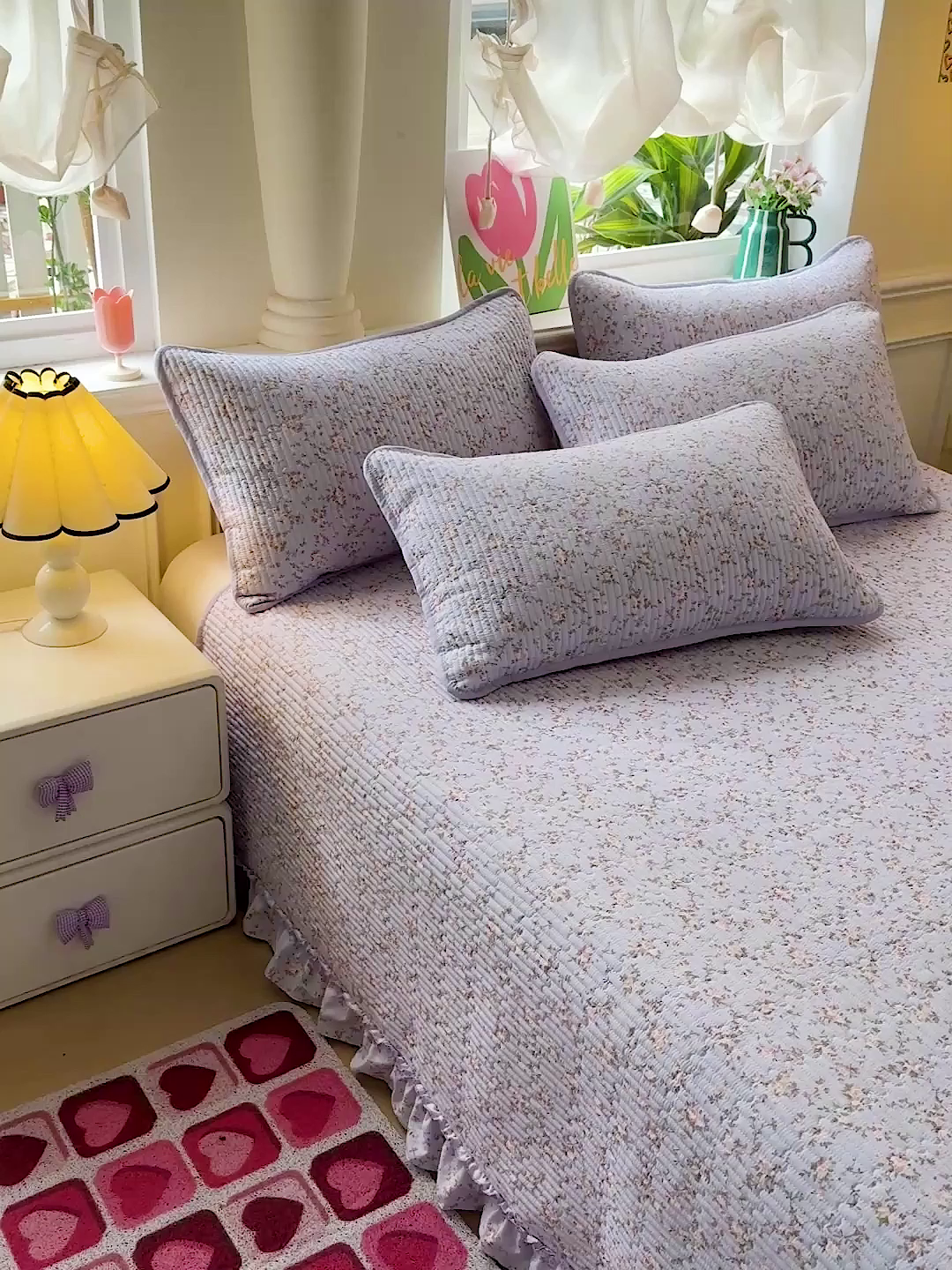 91家纺网 家纺一手货源 找家纺 恒尚居 2026新款云感皱皱纱床盖花边床单双层纱床盖三件套-四季款 花边款-紫腾花