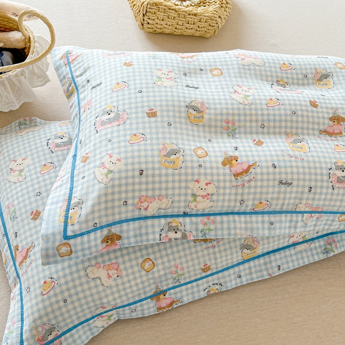 91家纺网 家纺一手货源 找家纺 百寐 2026新款母婴A类双层棉纱枕套婴幼儿卡通宝宝枕套子母信封枕套 蓝格小狗