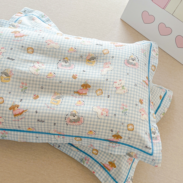 91家纺网 家纺一手货源 找家纺 百寐 2026新款母婴A类双层棉纱枕套婴幼儿卡通宝宝枕套子母信封枕套 蓝格小狗