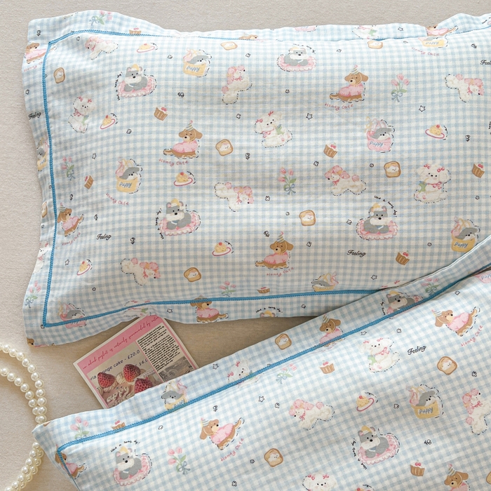 91家纺网 家纺一手货源 找家纺 百寐 2026新款母婴A类双层棉纱枕套婴幼儿卡通宝宝枕套子母信封枕套 蓝格小狗