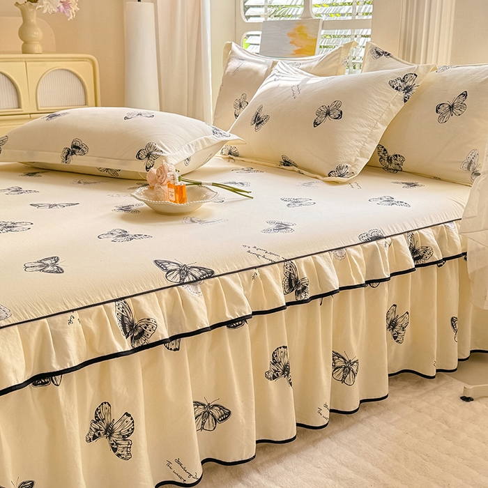 91家纺网 家纺一手货源 找家纺 优家居 2026新款A类水洗棉床裙四件套皱皱纱韩版公主风花边床罩直播爆款外贸定制 蝶舞芳华