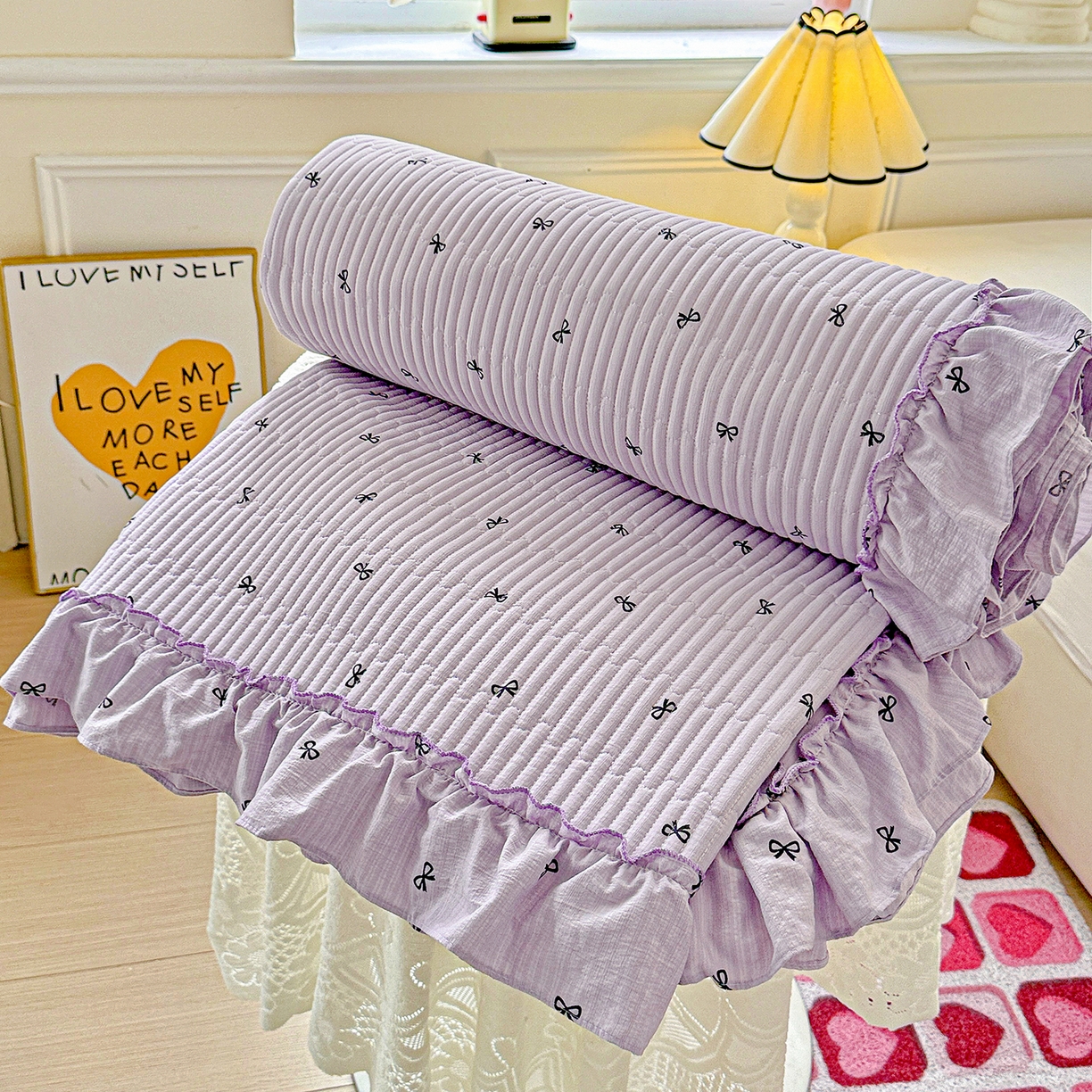 91家纺网 家纺一手货源 找家纺 恒尚居 2026新款云感皱皱纱床盖花边床单双层纱床盖三件套-四季款 花边款-紫萱