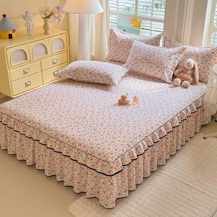 91家纺网 家纺一手货源 找家纺 优家居 2026新款A类水洗棉床裙四件套皱皱纱韩版公主风花边床罩直播爆款外贸定制 陌上花开