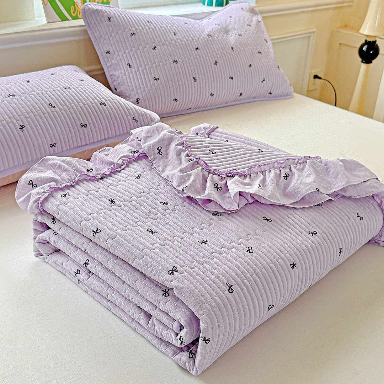 91家纺网 家纺一手货源 找家纺 恒尚居 2026新款云感皱皱纱床盖花边床单双层纱床盖三件套-四季款 花边款-紫萱