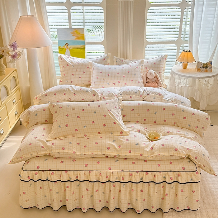 91家纺网 家纺一手货源 找家纺 优家居 2026新款A类水洗棉床裙四件套皱皱纱韩版公主风花边床罩直播爆款外贸定制 莓好时光