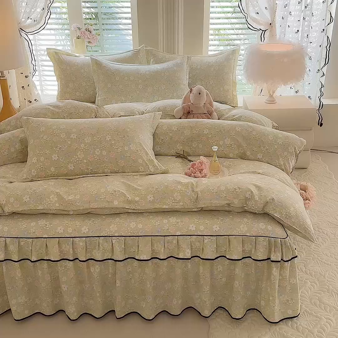 91家纺网 家纺一手货源 找家纺 优家居 2026新款A类水洗棉床裙四件套皱皱纱韩版公主风花边床罩直播爆款外贸定制 木槿花