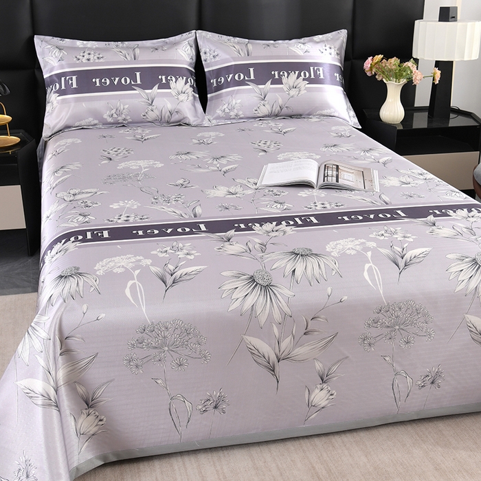 91家纺网 家纺一手货源 找家纺 绒品壹家家纺 2026新款立体数码印花凉感丝冰丝席软凉席席子三件套 花影