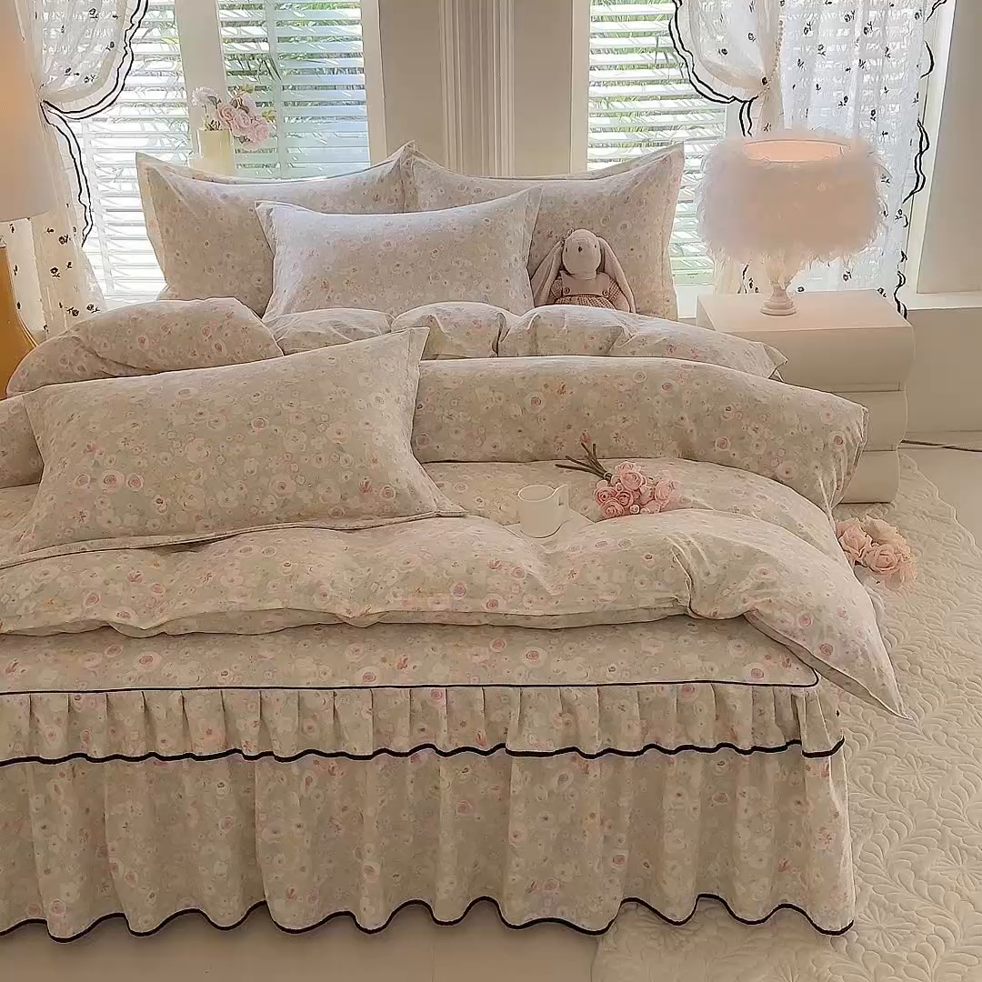 91家纺网 家纺一手货源 找家纺 优家居 2026新款A类水洗棉床裙四件套皱皱纱韩版公主风花边床罩直播爆款外贸定制 海棠花颂