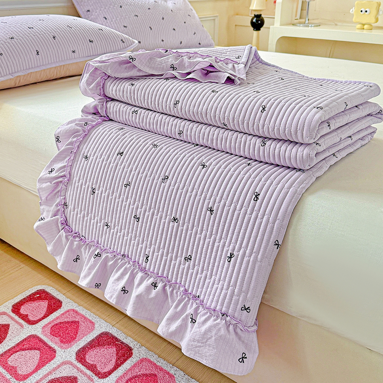 91家纺网 家纺一手货源 找家纺 恒尚居 2026新款云感皱皱纱床盖花边床单双层纱床盖三件套-四季款 花边款-紫萱