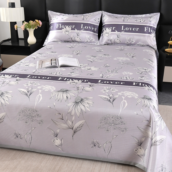 91家纺网 家纺一手货源 找家纺 绒品壹家家纺 2026新款立体数码印花凉感丝冰丝席软凉席席子三件套 花影