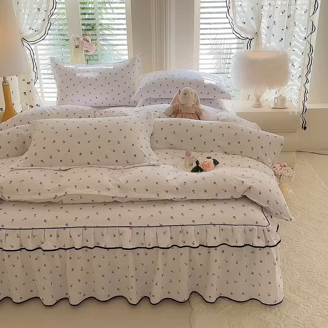 91家纺网 家纺一手货源 找家纺 优家居 2026新款A类水洗棉床裙四件套皱皱纱韩版公主风花边床罩直播爆款外贸定制 一口葡萄