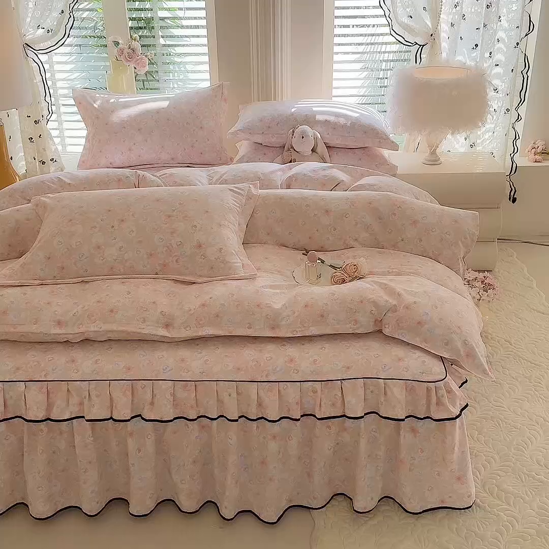 91家纺网 家纺一手货源 找家纺 优家居 2026新款A类水洗棉床裙四件套皱皱纱韩版公主风花边床罩直播爆款外贸定制 梦华录
