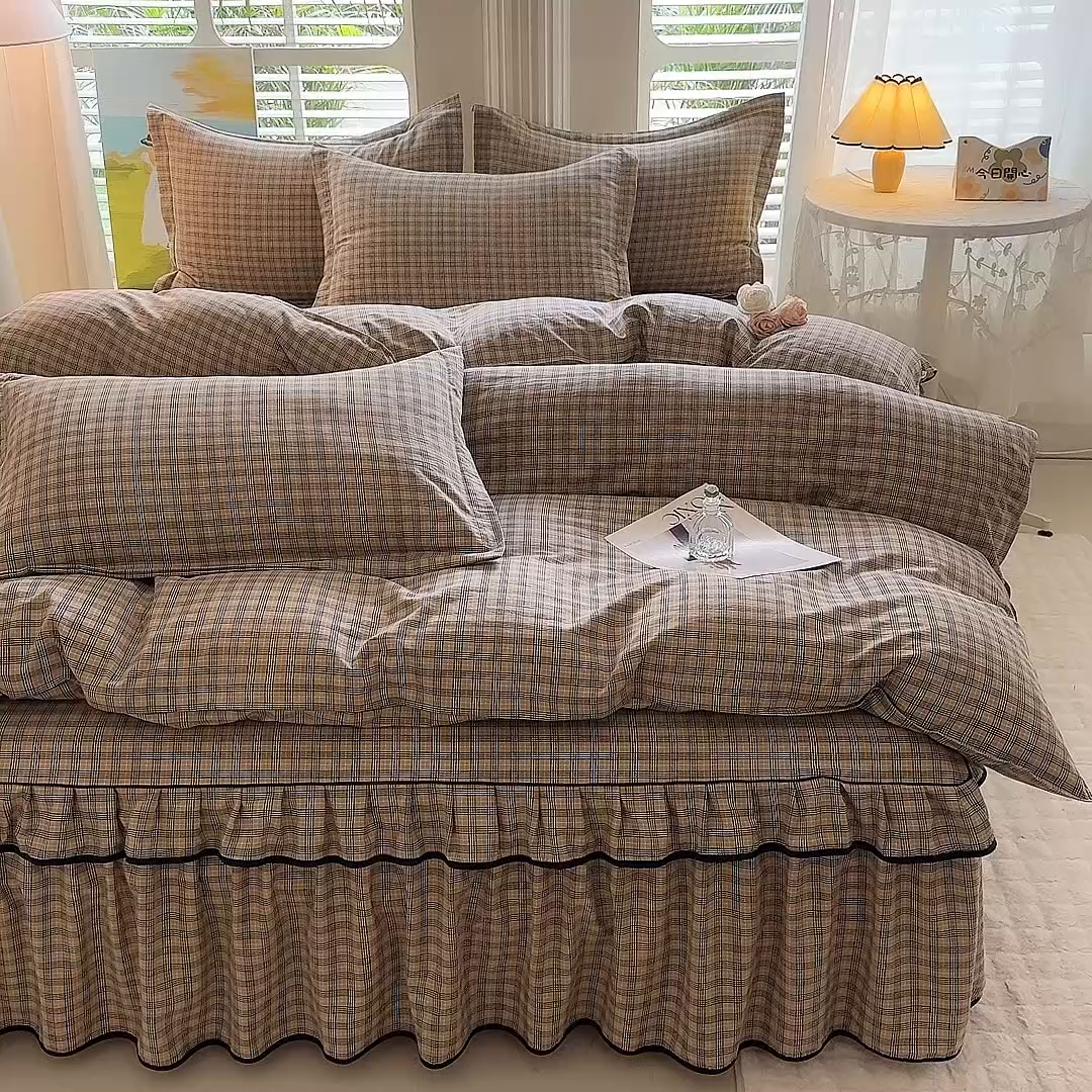 91家纺网 家纺一手货源 找家纺 优家居 2026新款A类水洗棉床裙四件套皱皱纱韩版公主风花边床罩直播爆款外贸定制 巴宝格-咖