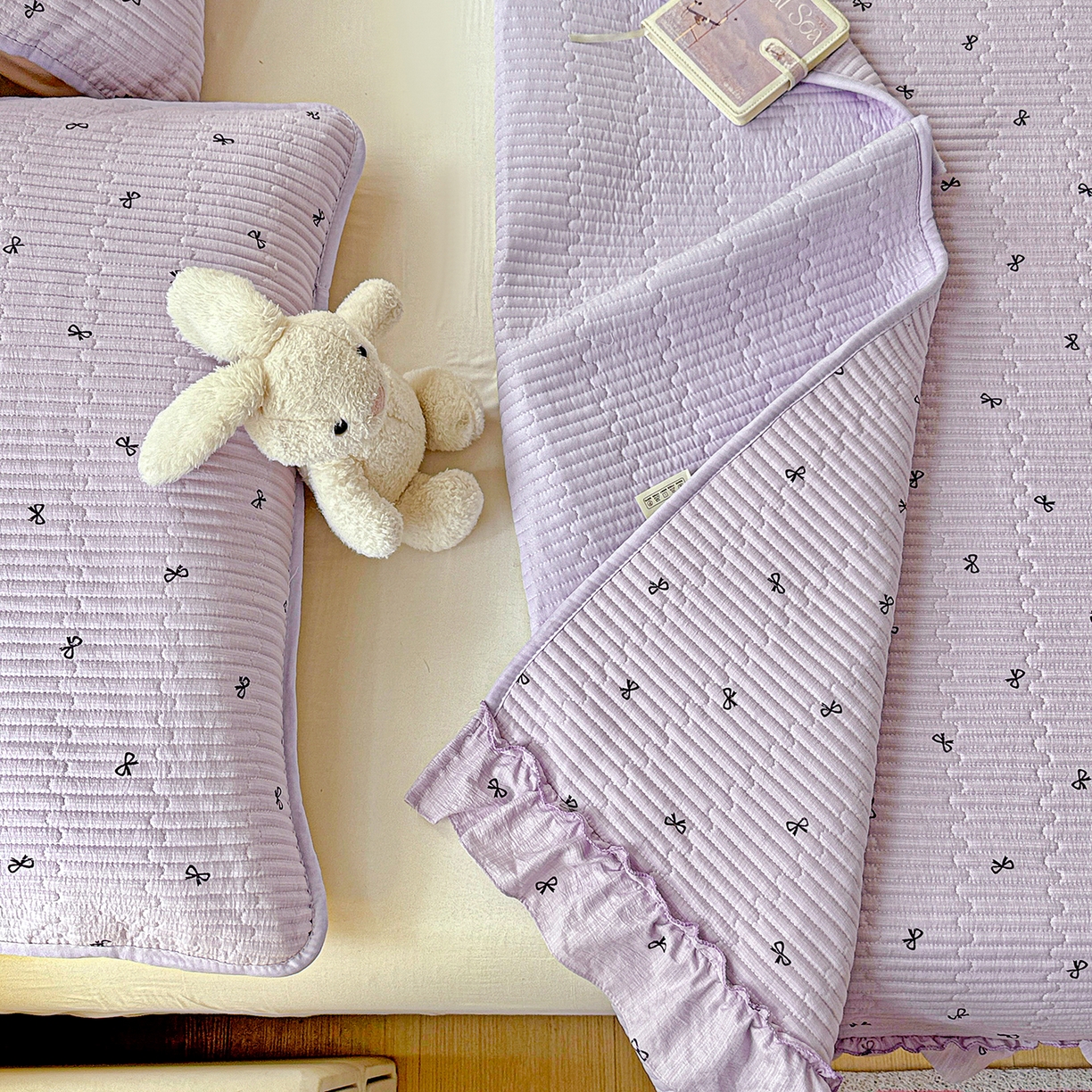 91家纺网 家纺一手货源 找家纺 恒尚居 2026新款云感皱皱纱床盖花边床单双层纱床盖三件套-四季款 花边款-紫萱