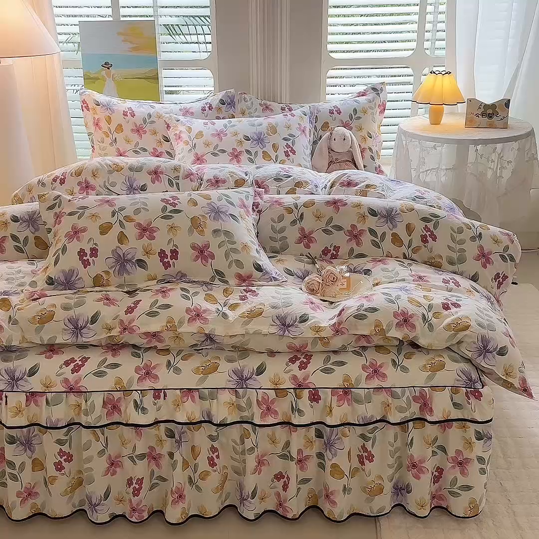 91家纺网 家纺一手货源 找家纺 优家居 2026新款A类水洗棉床裙四件套皱皱纱韩版公主风花边床罩直播爆款外贸定制 繁花似锦