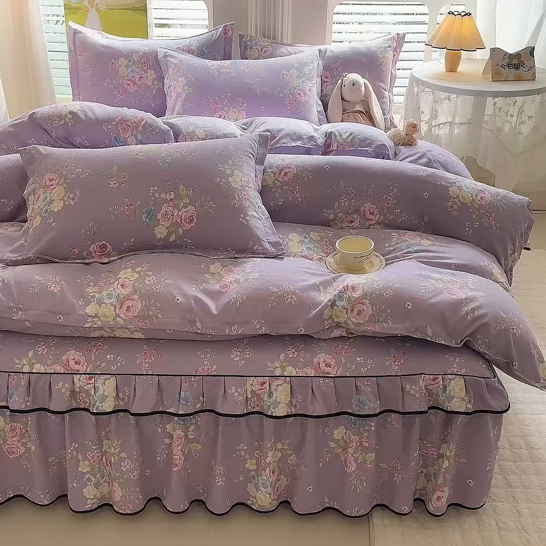 91家纺网 家纺一手货源 找家纺 优家居 2026新款A类水洗棉床裙四件套皱皱纱韩版公主风花边床罩直播爆款外贸定制 秘园絮语