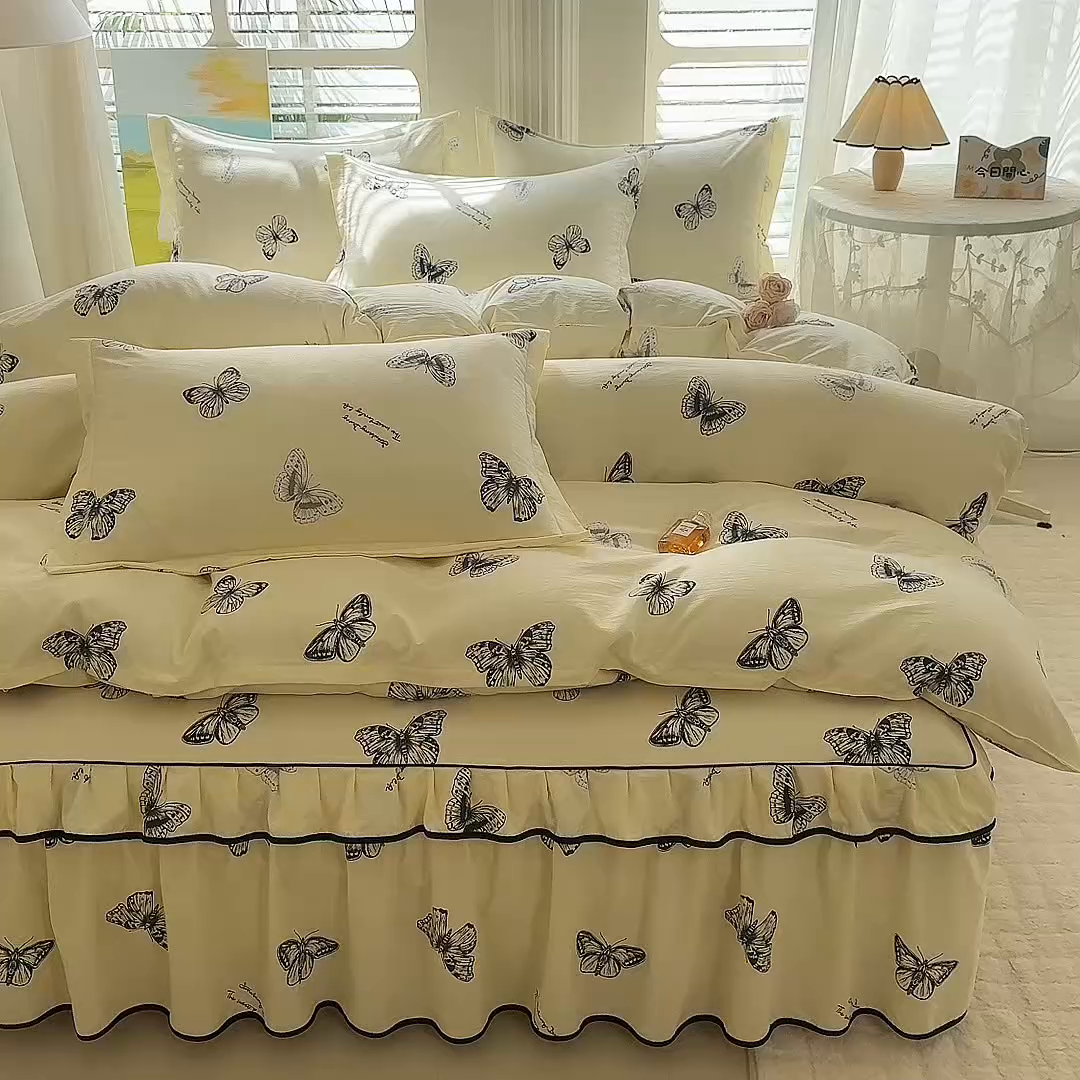 91家纺网 家纺一手货源 找家纺 优家居 2026新款A类水洗棉床裙四件套皱皱纱韩版公主风花边床罩直播爆款外贸定制 蝶舞芳华