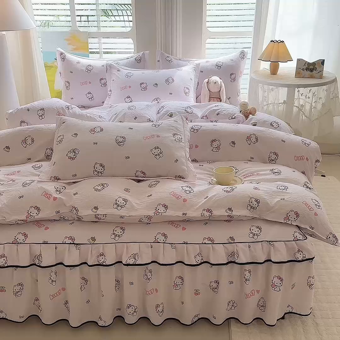 91家纺网 家纺一手货源 找家纺 优家居 2026新款A类水洗棉床裙四件套皱皱纱韩版公主风花边床罩直播爆款外贸定制 粉色猫猫