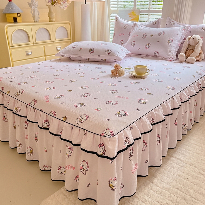 91家纺网 家纺一手货源 找家纺 优家居 2026新款A类水洗棉床裙四件套皱皱纱韩版公主风花边床罩直播爆款外贸定制 粉色猫猫