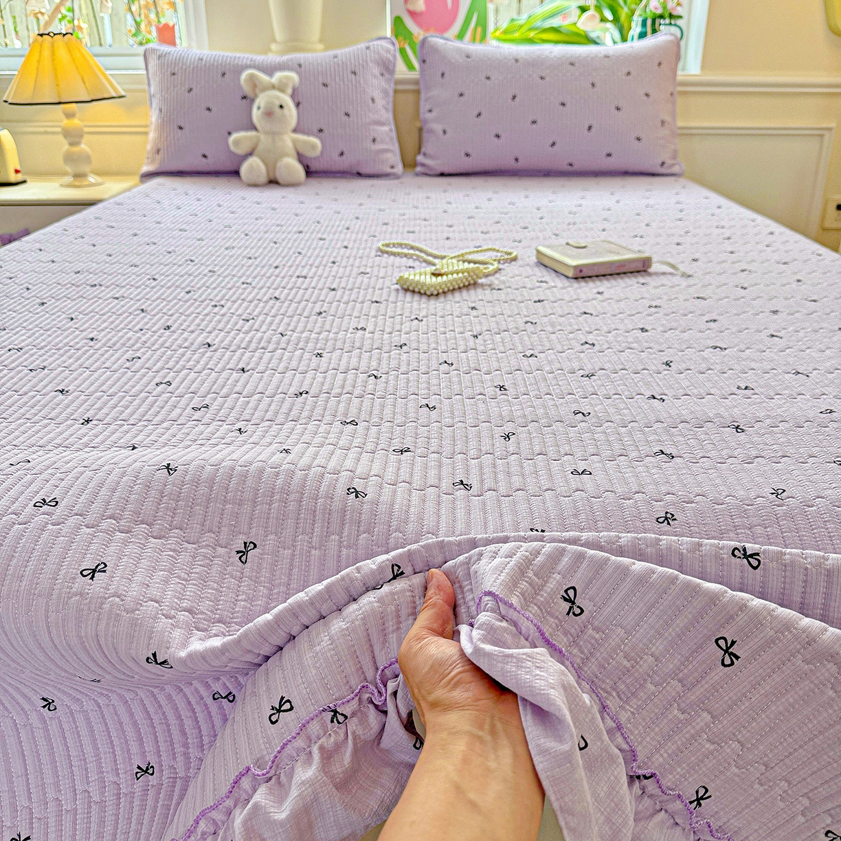 91家纺网 家纺一手货源 找家纺 恒尚居 2026新款云感皱皱纱床盖花边床单双层纱床盖三件套-四季款 花边款-紫萱