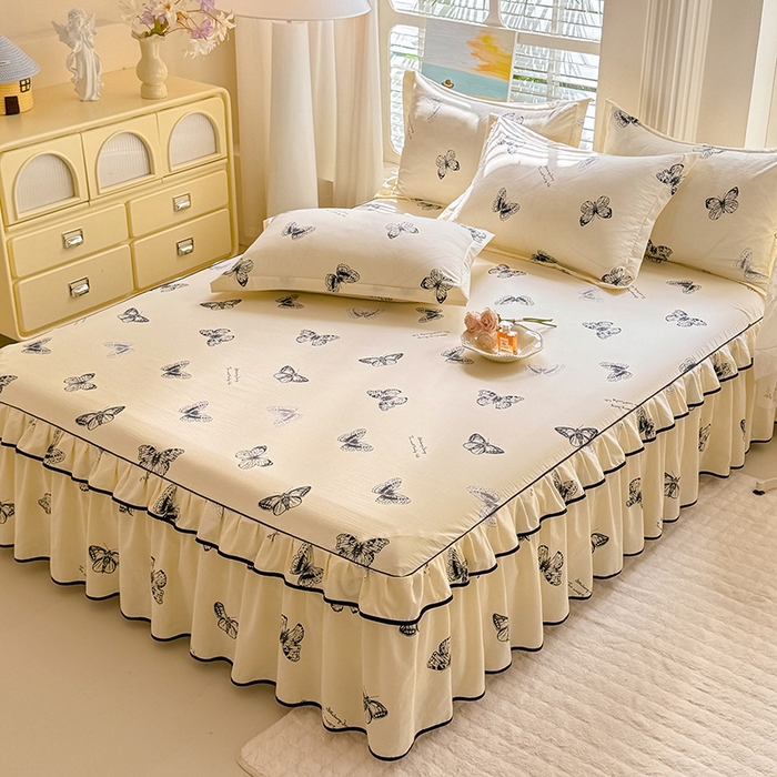 91家纺网 家纺一手货源 找家纺 优家居 2026新款A类水洗棉床裙四件套皱皱纱韩版公主风花边床罩直播爆款外贸定制 蝶舞芳华