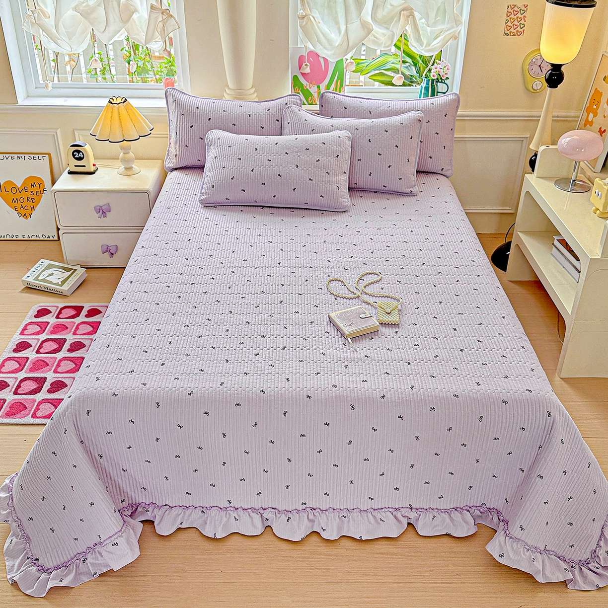 91家纺网 家纺一手货源 找家纺 恒尚居 2026新款云感皱皱纱床盖花边床单双层纱床盖三件套-四季款 花边款-紫萱