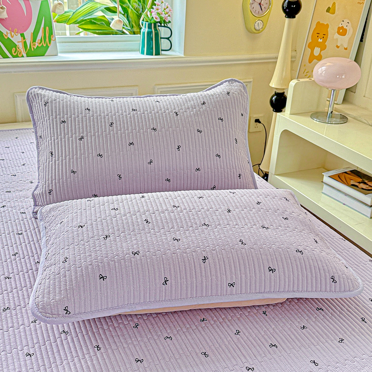 91家纺网 家纺一手货源 找家纺 恒尚居 2026新款云感皱皱纱床盖花边床单双层纱床盖三件套-四季款 花边款-紫萱