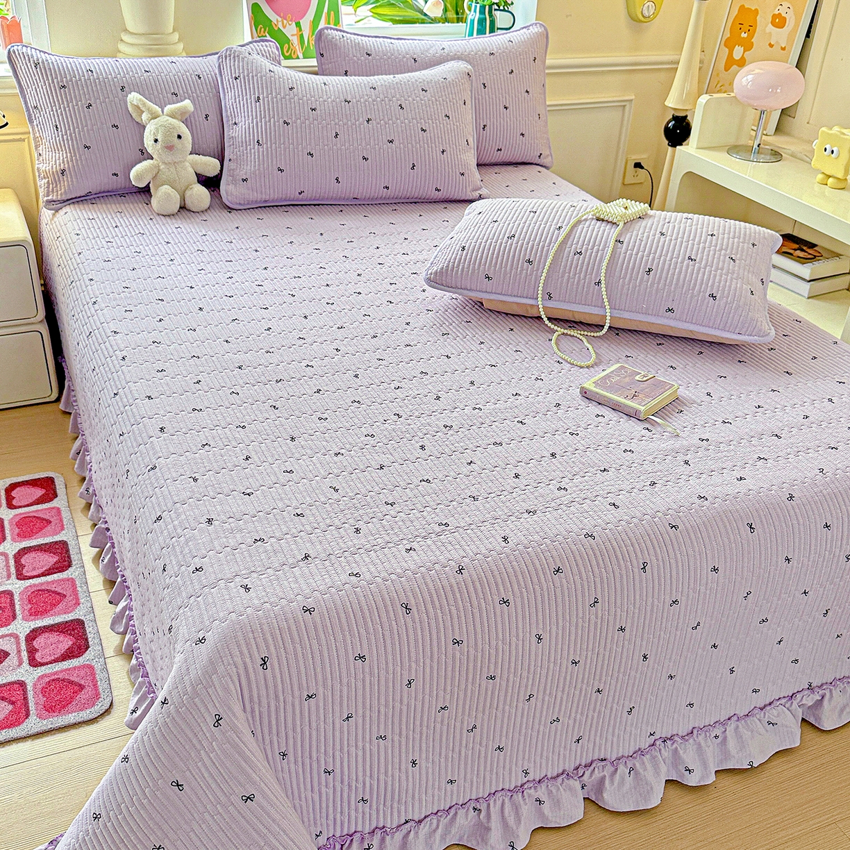 91家纺网 家纺一手货源 找家纺 恒尚居 2026新款云感皱皱纱床盖花边床单双层纱床盖三件套-四季款 花边款-紫萱