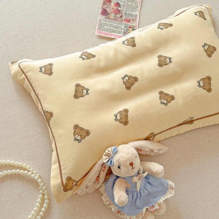 百寐 2026新款母婴A类双层棉纱枕套婴幼儿卡通宝宝枕套子母信封枕套 领结小熊